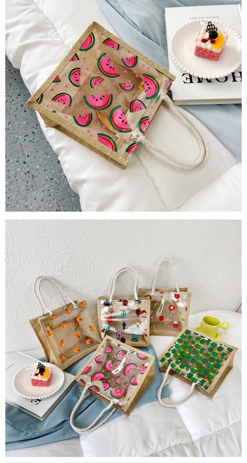 Fashion Cactus Transparent Fruit Print Portable Cotton And Linen Bag,Handbags