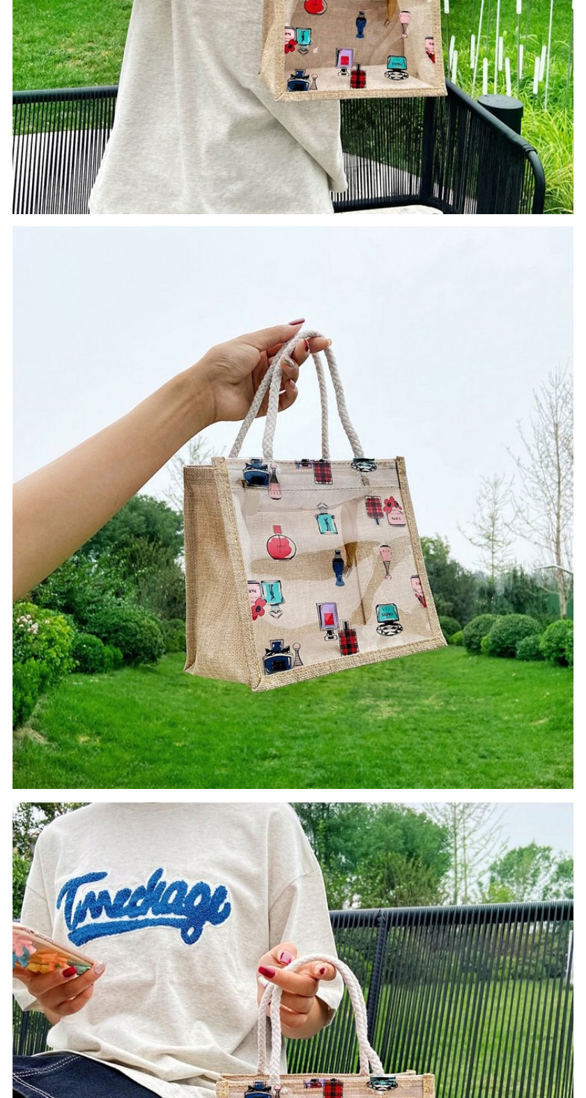 Fashion Cactus Transparent Fruit Print Portable Cotton And Linen Bag,Handbags