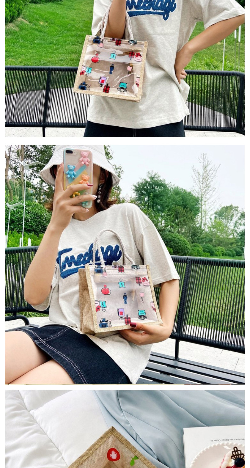 Fashion Strawberry Transparent Fruit Print Portable Cotton And Linen Bag,Handbags