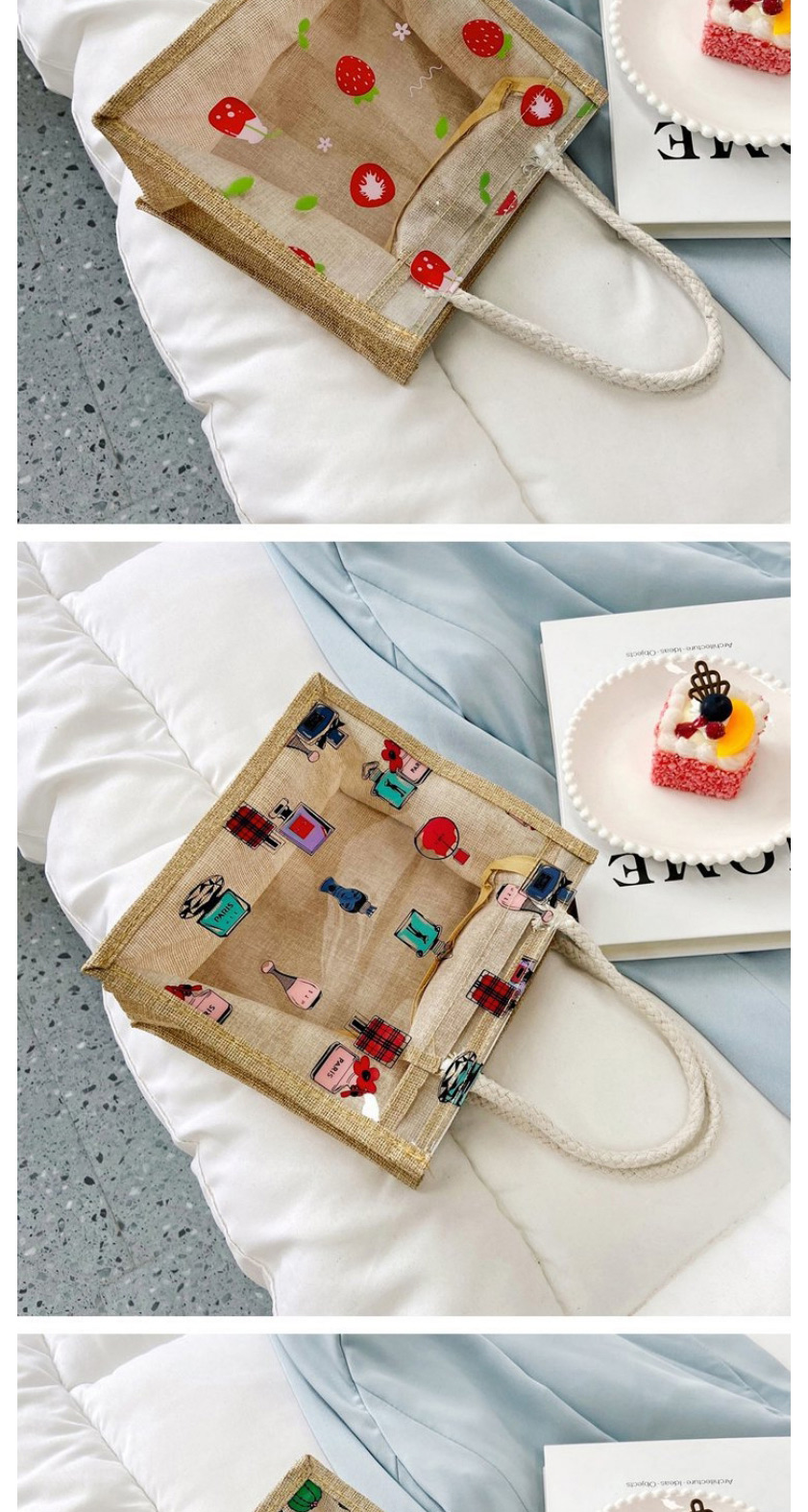 Fashion Strawberry Transparent Fruit Print Portable Cotton And Linen Bag,Handbags