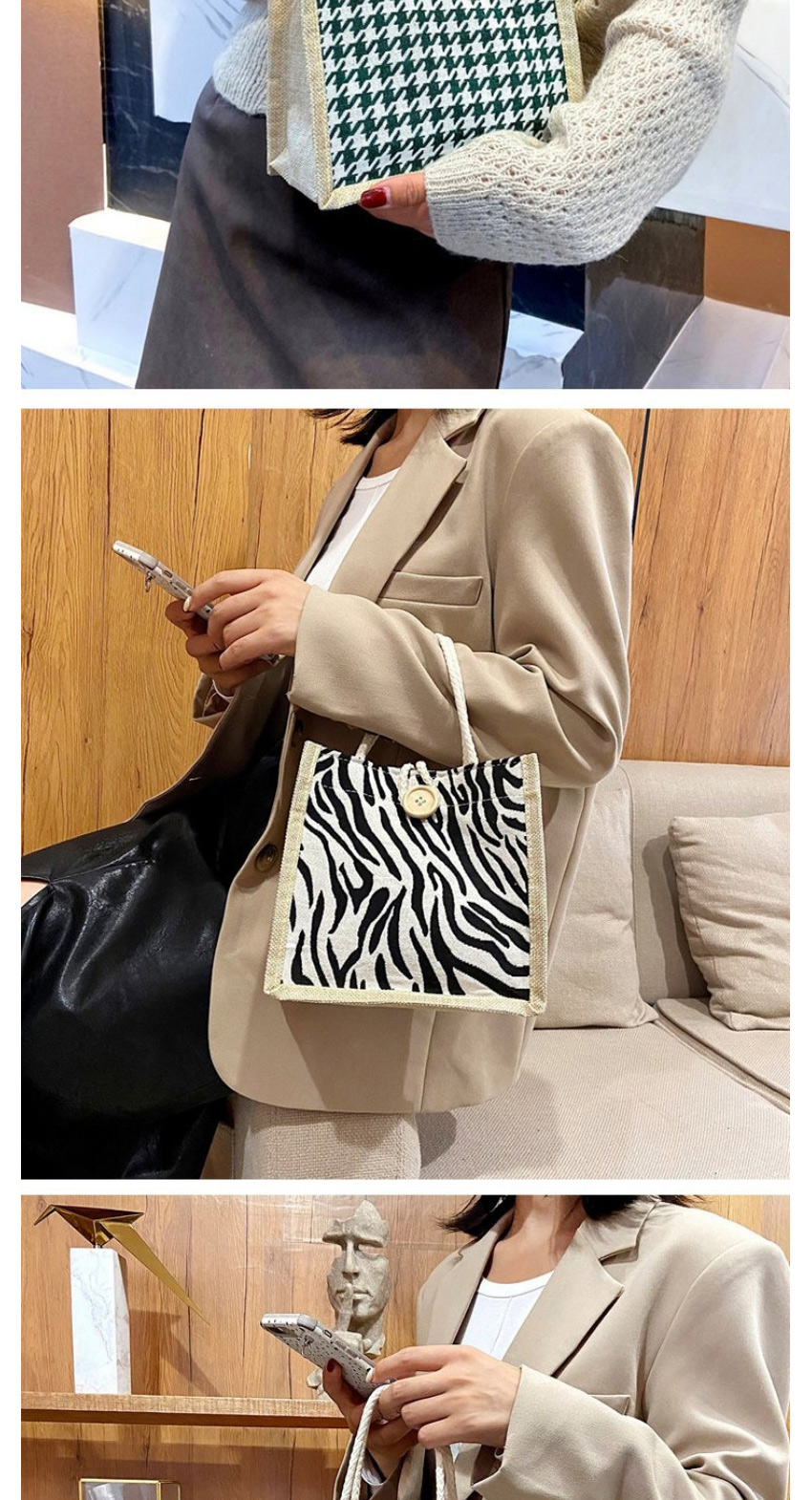 Fashion Khaki Houndstooth Canvas Handbag,Handbags