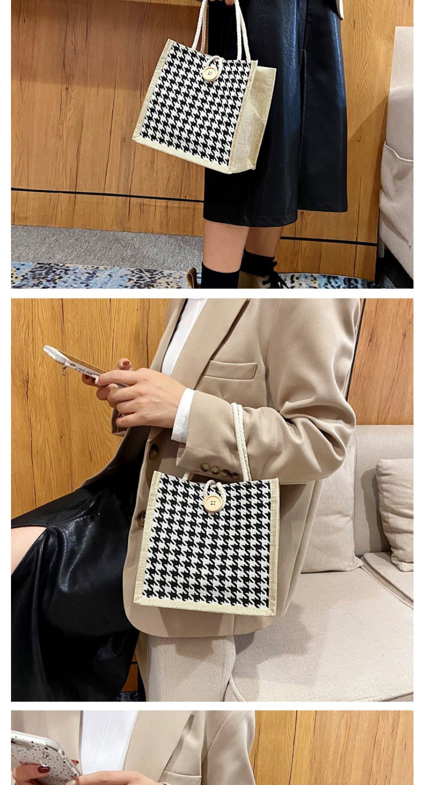 Fashion Khaki Houndstooth Canvas Handbag,Handbags