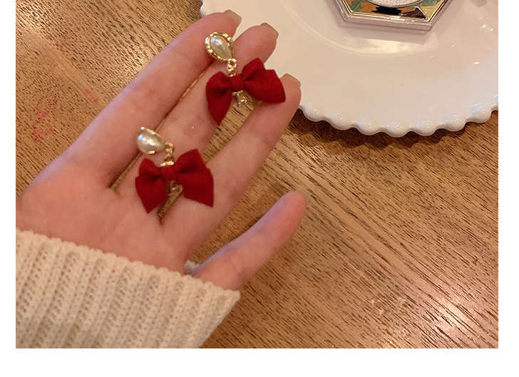 Fashion Red Bow Pearl Stud Earrings,Drop Earrings