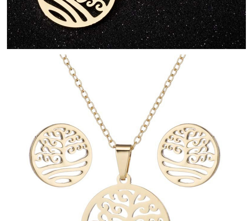Fashion Silver Stainless Steel Hollow Tree Of Life Stud Earring Necklace Three-piece Set,Jewelry Set