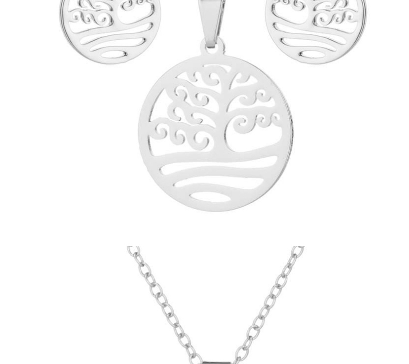Fashion Gold Stainless Steel Hollow Tree Of Life Stud Earring Necklace Three-piece Set,Jewelry Set