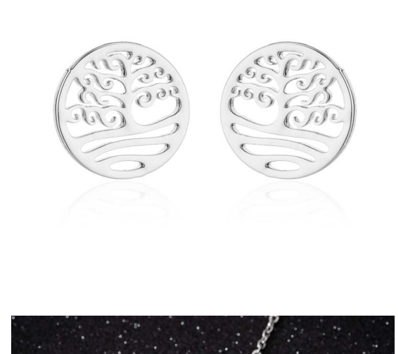Fashion Silver Stainless Steel Hollow Tree Of Life Stud Earring Necklace Three-piece Set,Jewelry Set