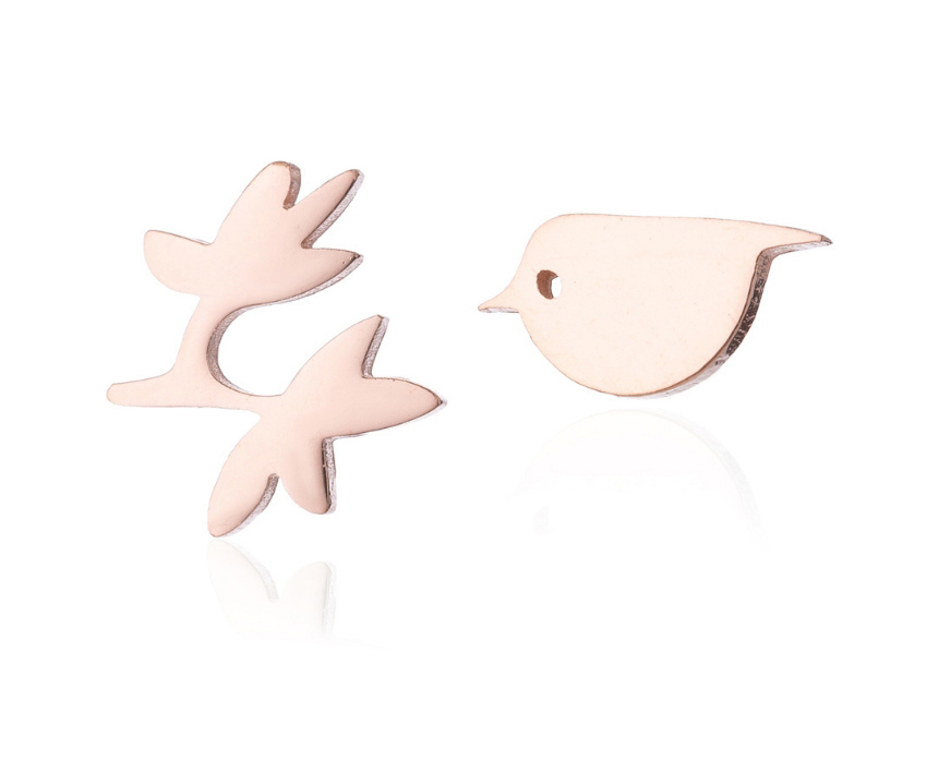 Fashion Rose Asymmetrical Stainless Steel Bird And Flower Earrings,Earrings