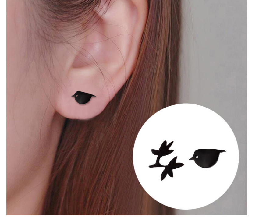 Fashion Rose Asymmetrical Stainless Steel Bird And Flower Earrings,Earrings