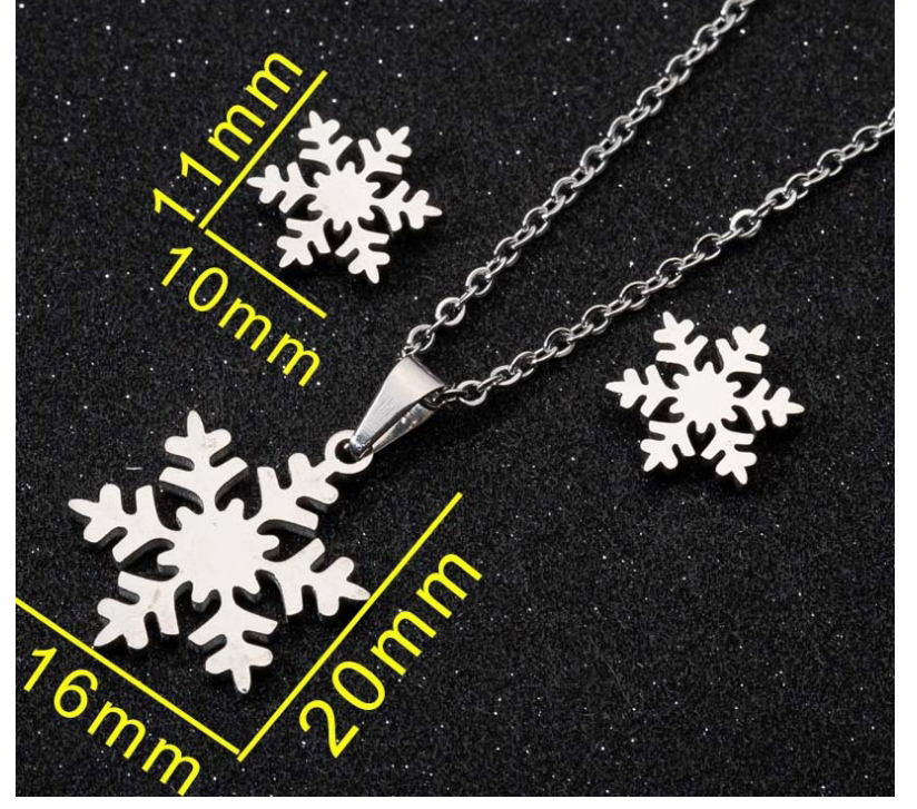Fashion Steel Color Three-piece Stainless Steel Christmas Snow Flower Stud Earrings Necklace,Jewelry Set