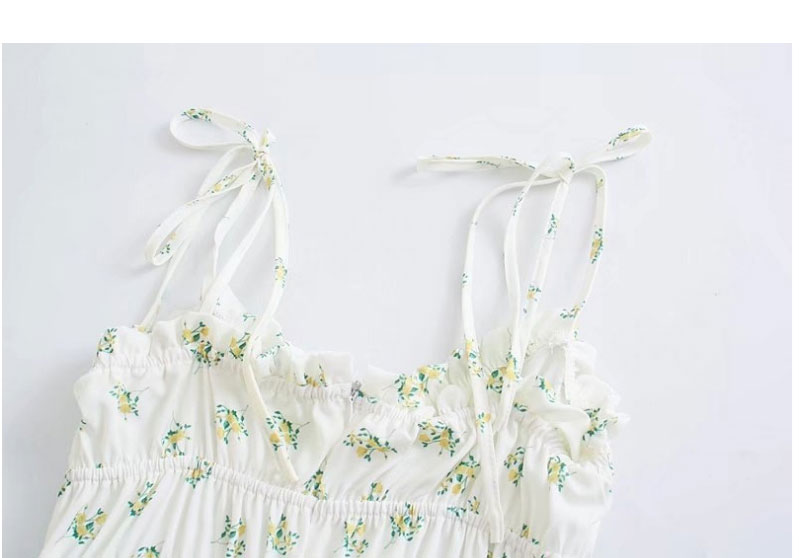 Fashion White Pleated Print Sling Split Dress,Long Dress