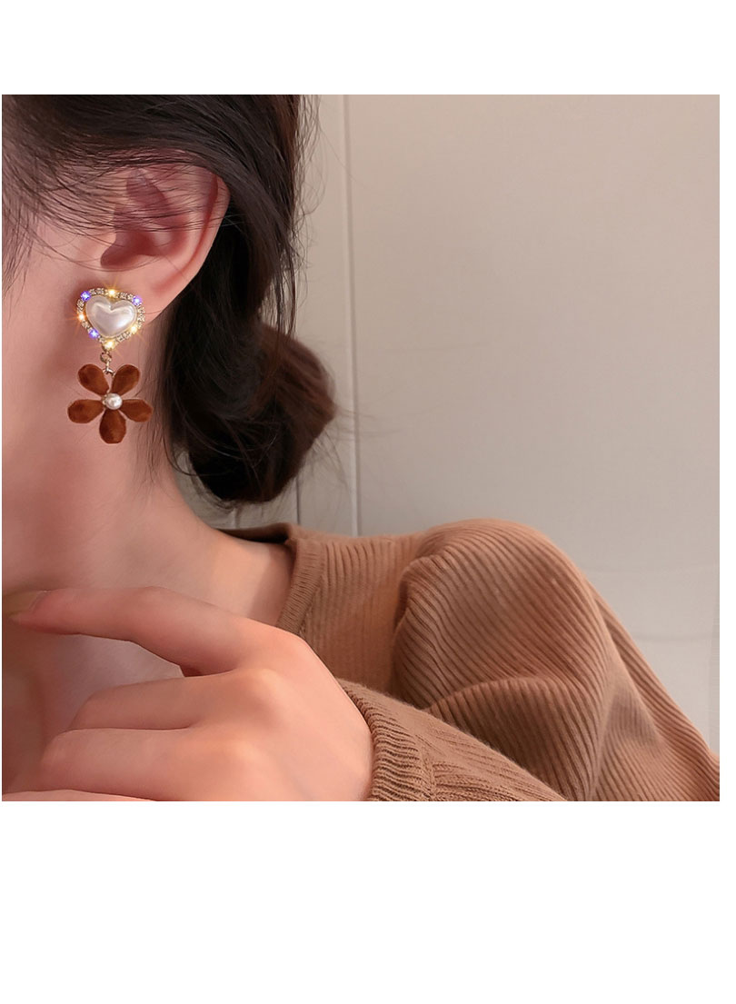 Fashion Burgundy Flowers Flocking Flower Love Pearl Stud Earrings,Stud Earrings
