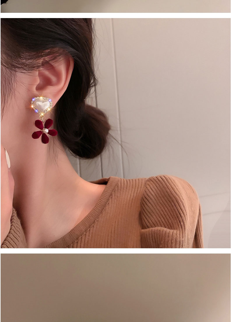Fashion Burgundy Flowers Flocking Flower Love Pearl Stud Earrings,Stud Earrings