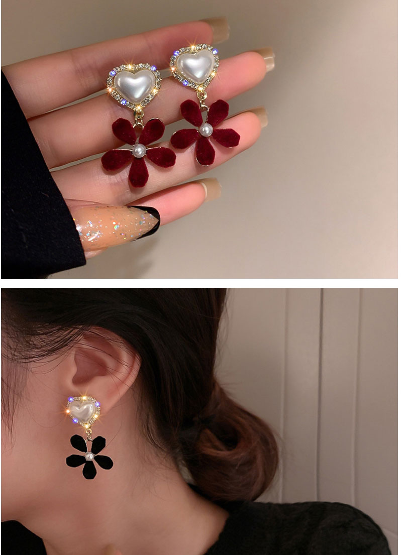 Fashion Black Flowers Flocking Flower Love Pearl Stud Earrings,Stud Earrings