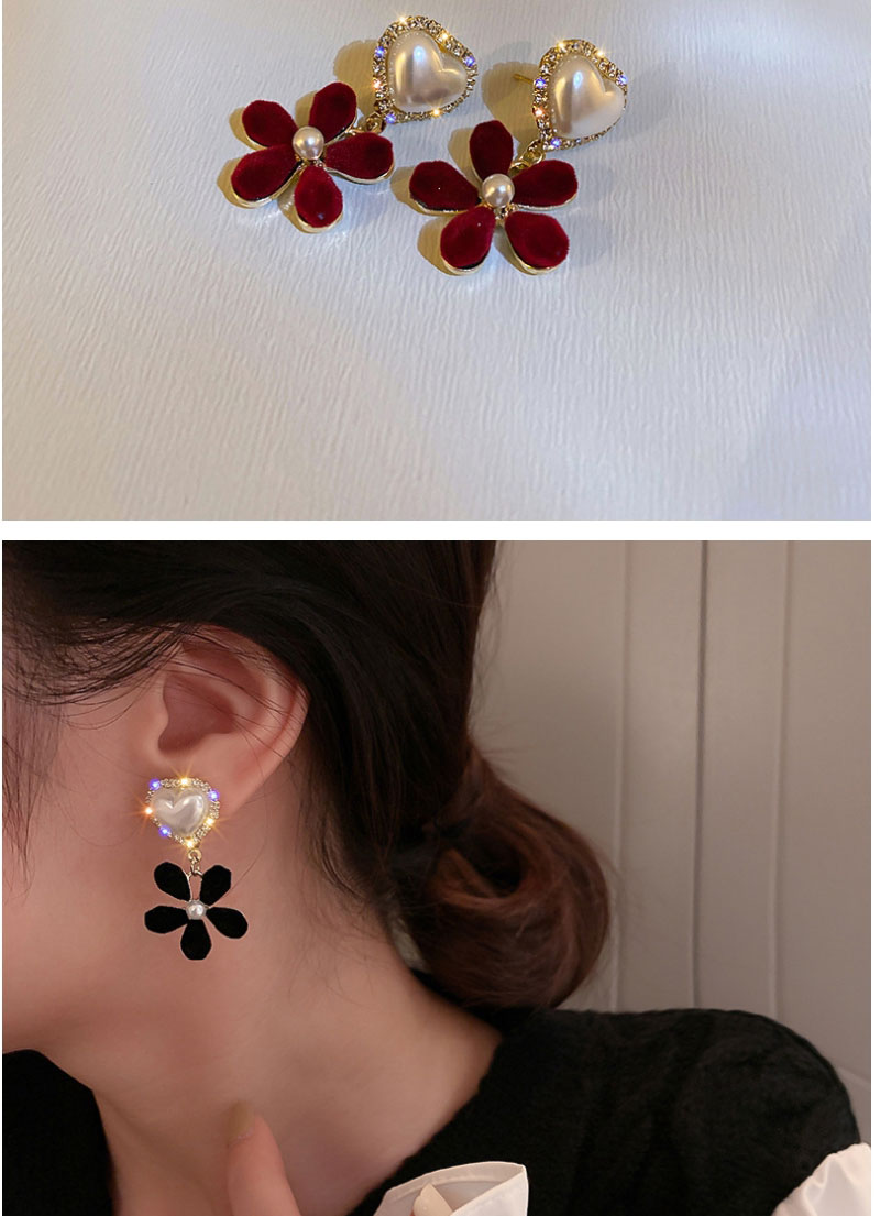 Fashion Black Flowers Flocking Flower Love Pearl Stud Earrings,Stud Earrings