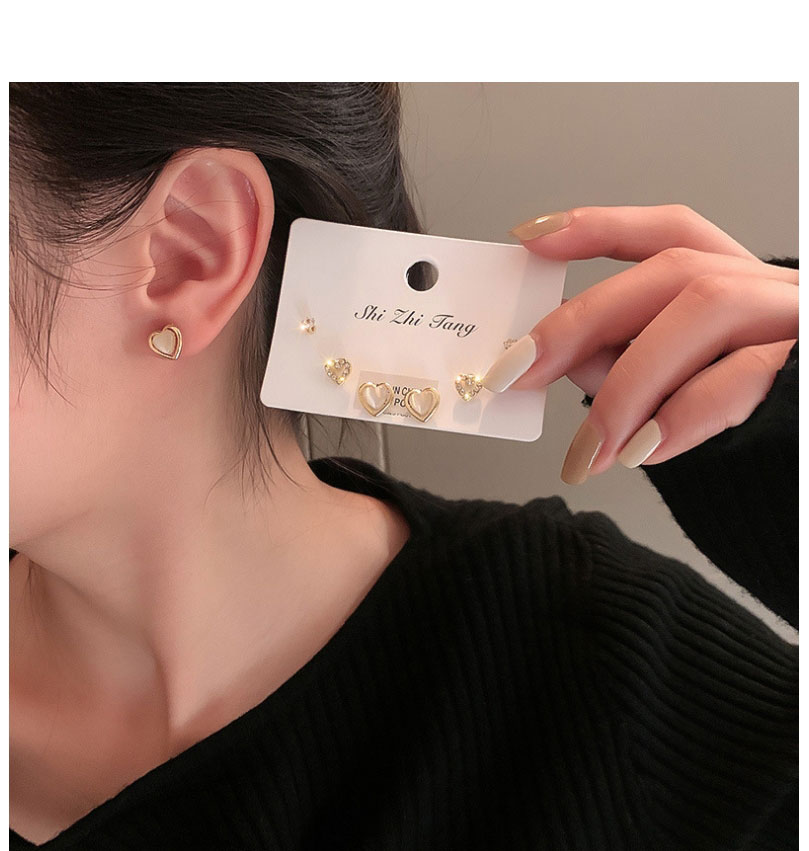 Fashion Earring Set (3 Pairs) Diamond Cat Eye Heart Stud Earring Set,Jewelry Sets