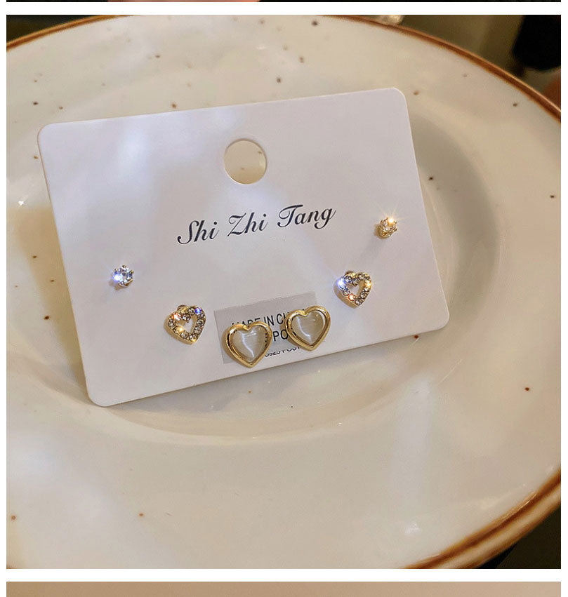 Fashion Earring Set (3 Pairs) Diamond Cat Eye Heart Stud Earring Set,Jewelry Sets