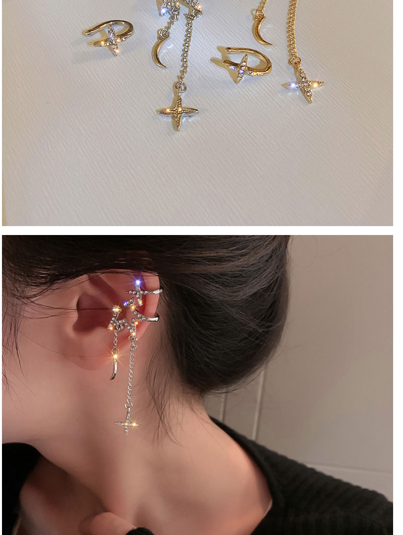 Fashion Silver (2 Pcs) Alloy Diamond Star And Moon Tassel Ear Clip,Clip & Cuff Earrings