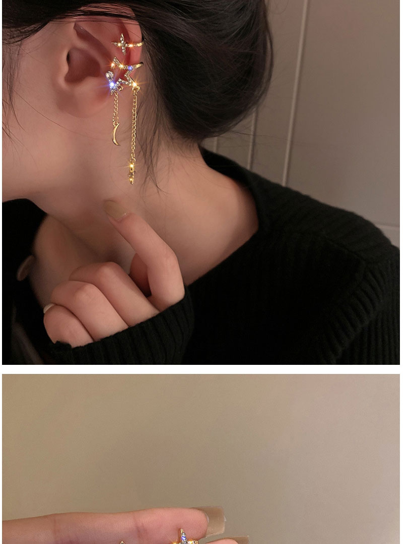 Fashion Golden (2 Pcs) Alloy Diamond Star And Moon Tassel Ear Clip,Clip & Cuff Earrings