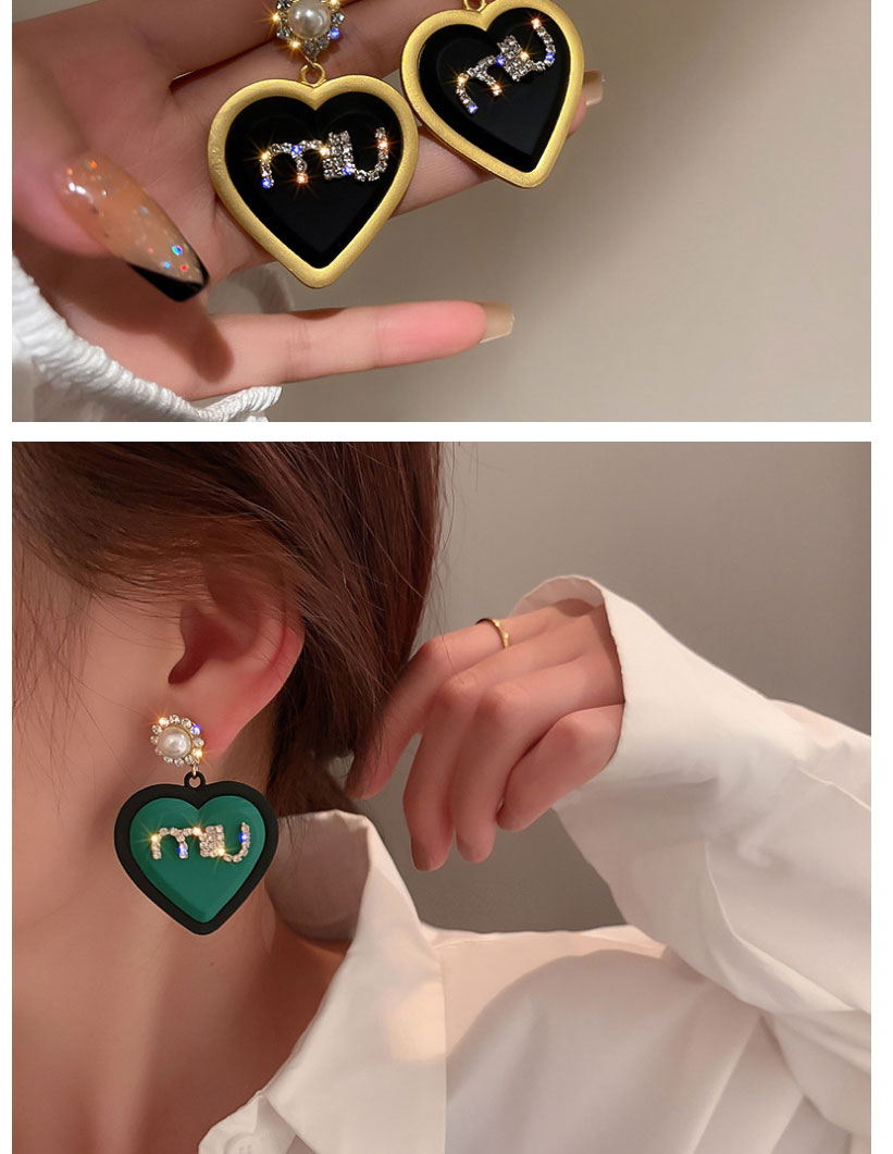 Fashion Green Lacquered Love Stud Earrings With Diamond Letters,Drop Earrings