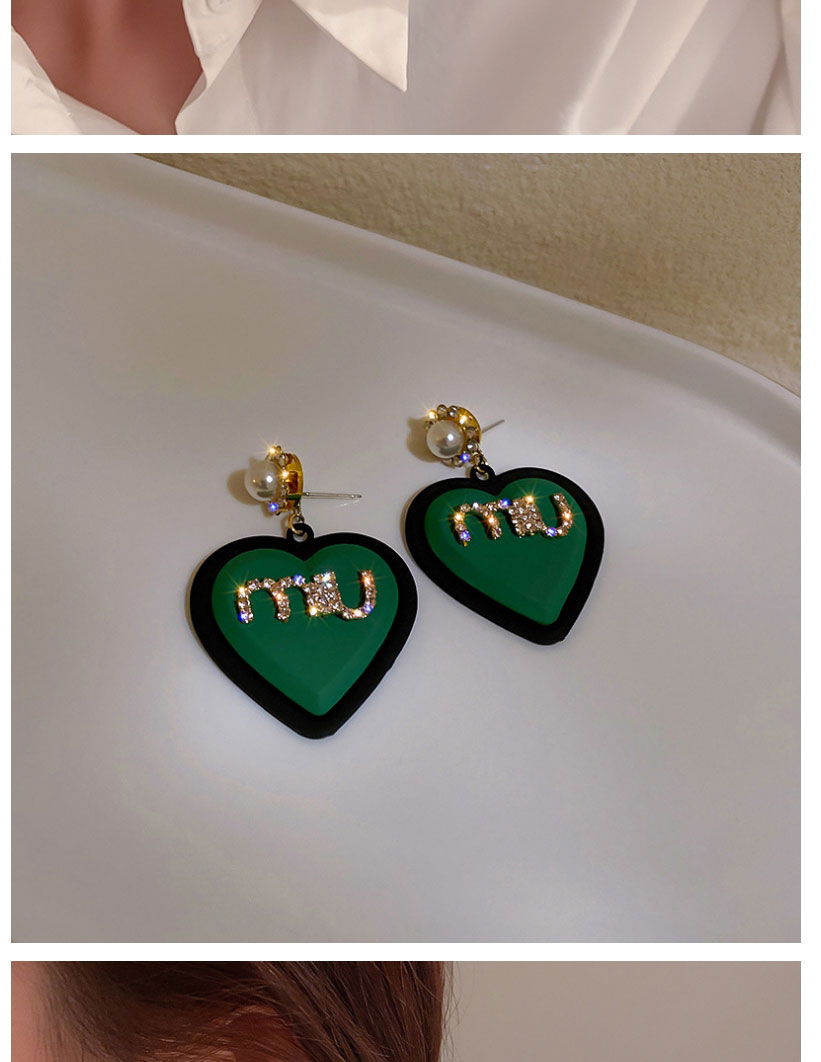 Fashion Green Lacquered Love Stud Earrings With Diamond Letters,Drop Earrings