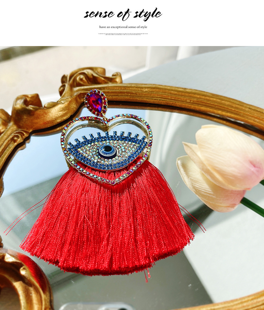 Fashion Red Alloy Diamond Eye Heart Tassel Stud Earrings,Stud Earrings