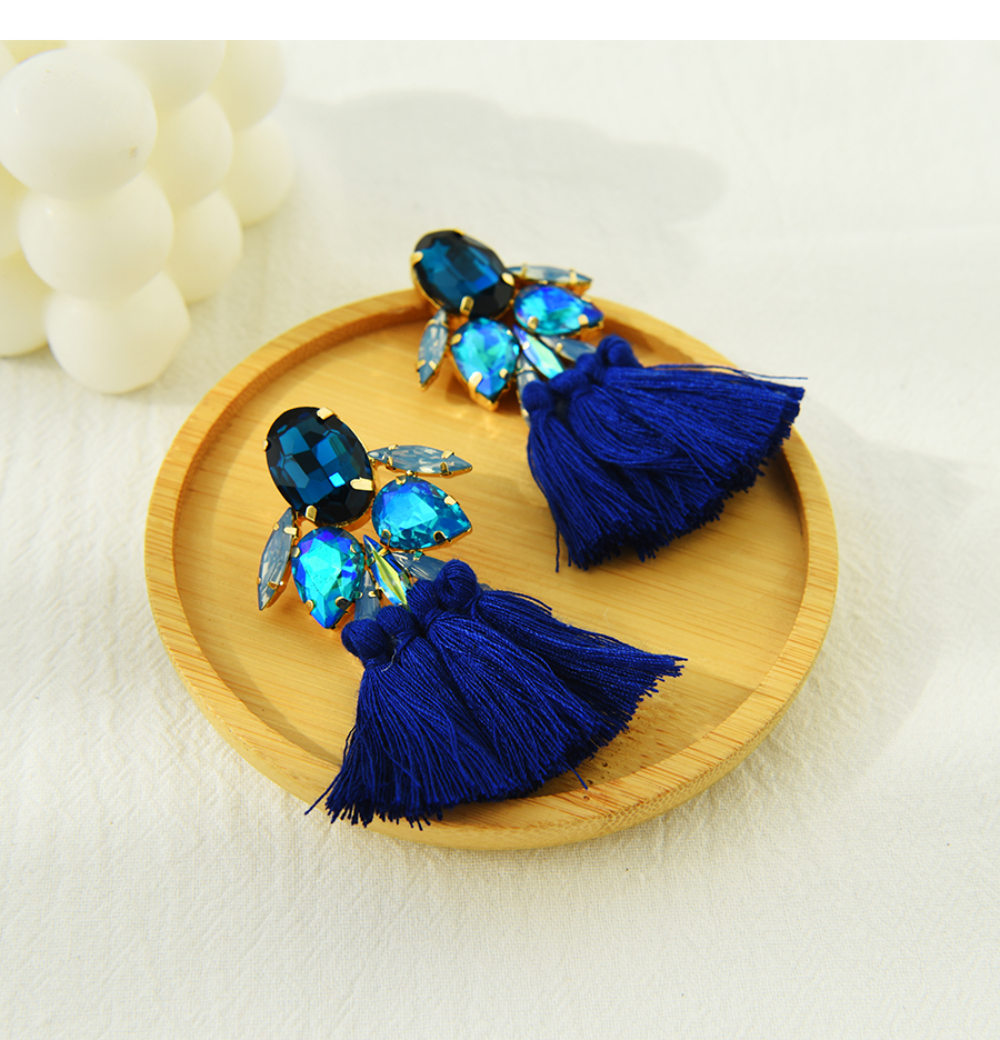 Fashion Royal Blue Alloy Diamond Drop Tassel Stud Earrings,Stud Earrings