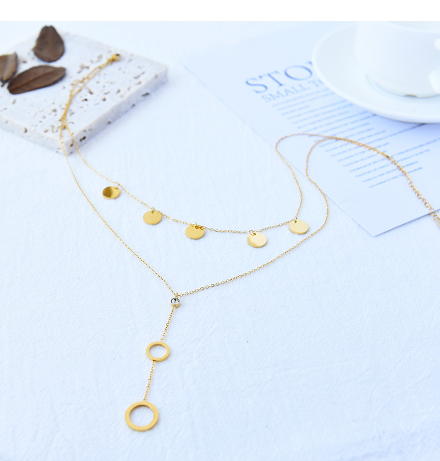 Fashion Gold Titanium Steel Inlaid Zirconium Ring Pendant Double Necklace,Necklaces
