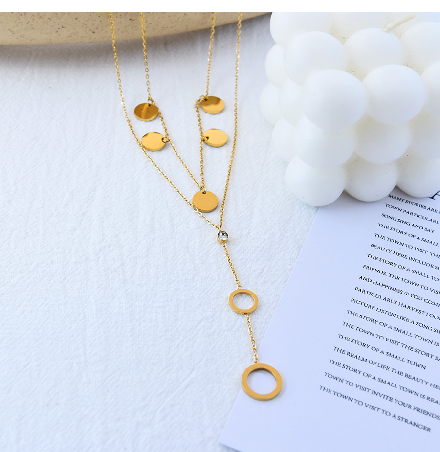 Fashion Gold Titanium Steel Inlaid Zirconium Ring Pendant Double Necklace,Necklaces