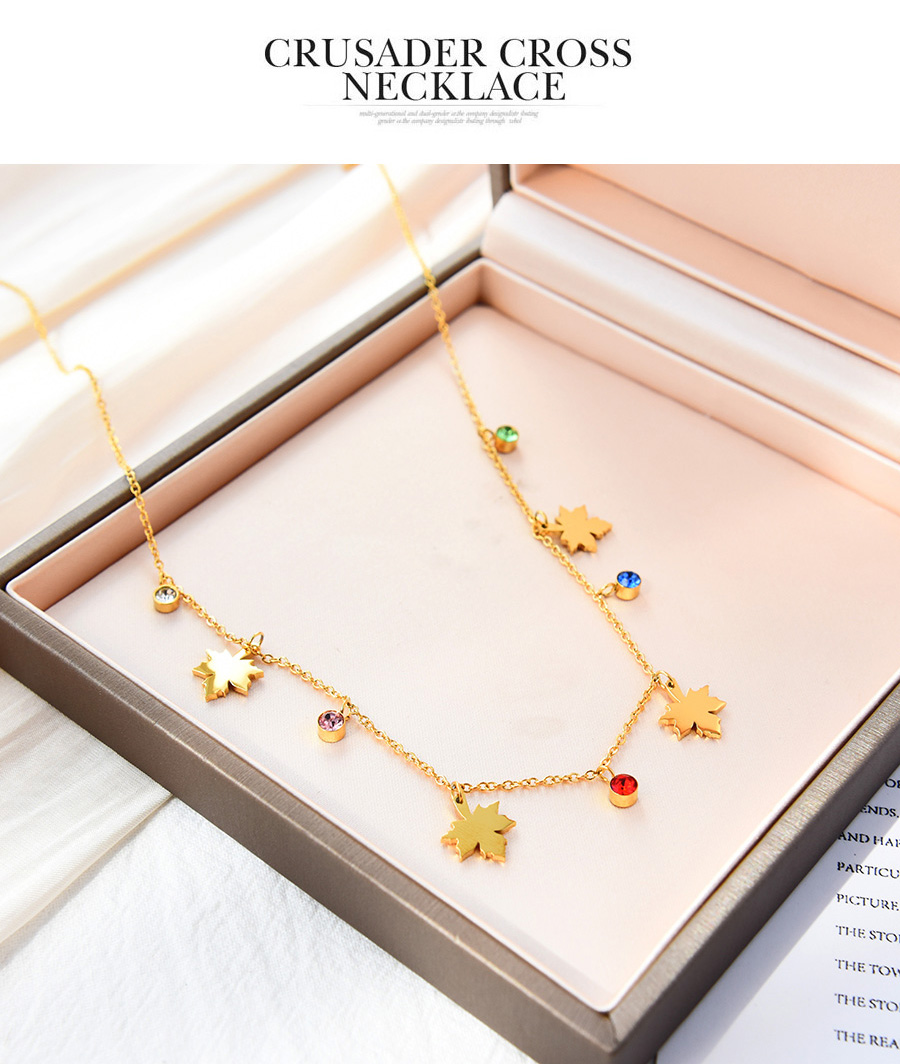 Fashion Gold Titanium Steel Inlaid Zirconium Leaf Pendant Necklace,Necklaces