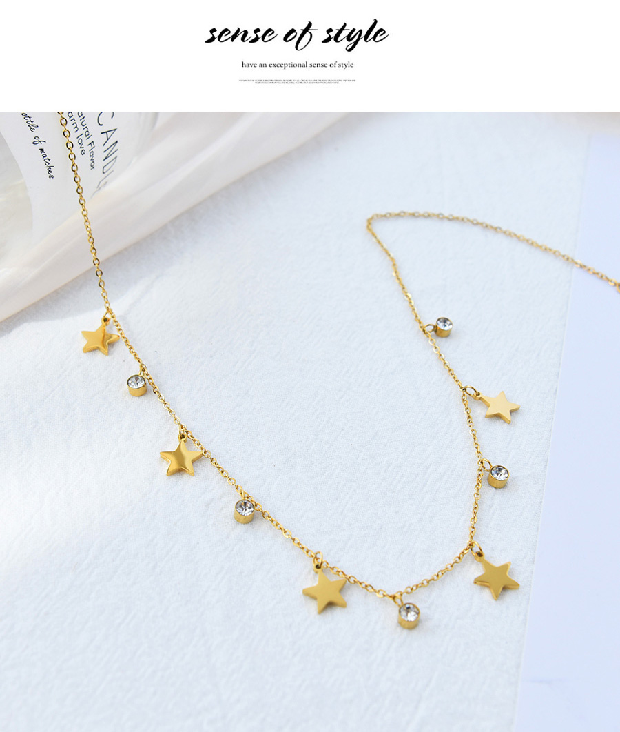 Fashion Gold Titanium Steel Inlaid Zirconium Five-pointed Star Pendant Necklace,Necklaces