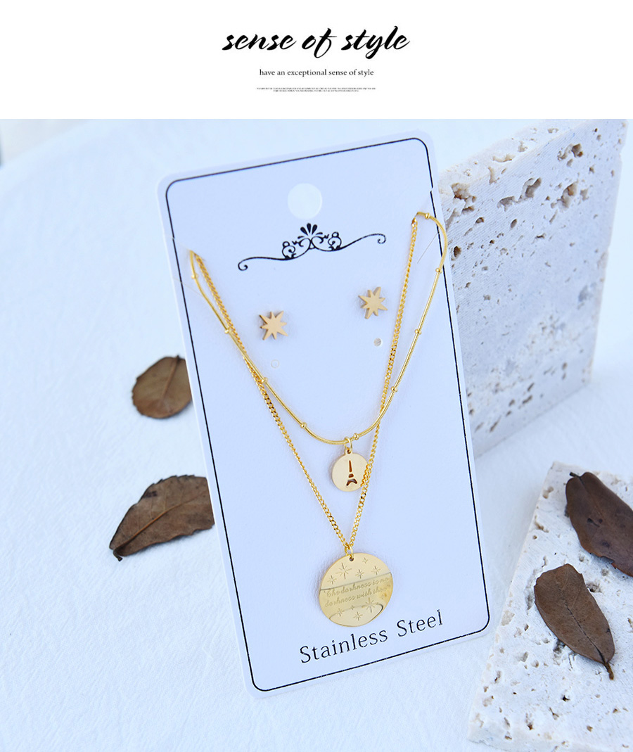 Fashion Gold Titanium Steel Disc Starburst Stud Earrings Double Necklace Set,Jewelry Set
