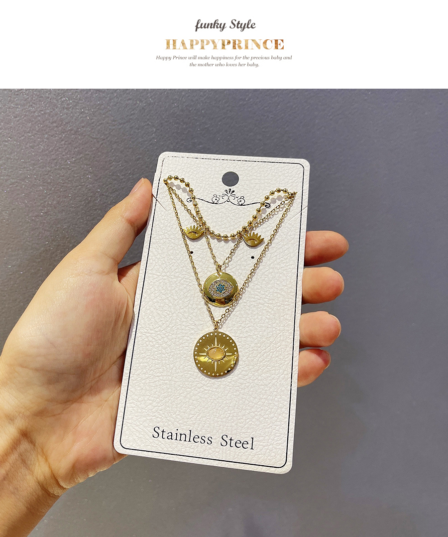 Fashion Gold Titanium Steel Zircon Multilayer Round Eye Necklace Set,Jewelry Set