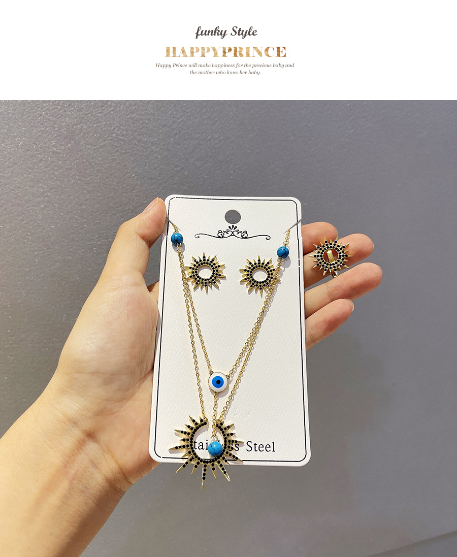 Fashion Gold Three-piece Titanium Steel Double Layer Irregular Turquoise Necklace,Jewelry Set
