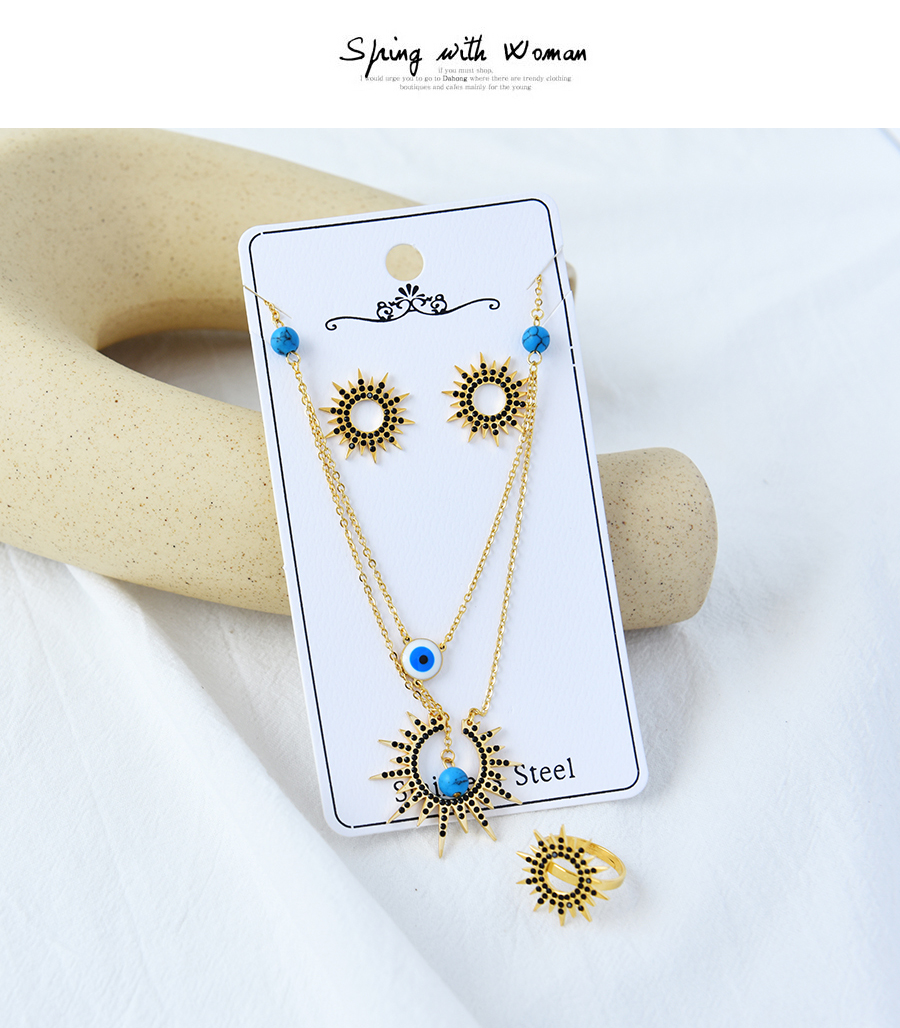 Fashion Gold Three-piece Titanium Steel Double Layer Irregular Turquoise Necklace,Jewelry Set