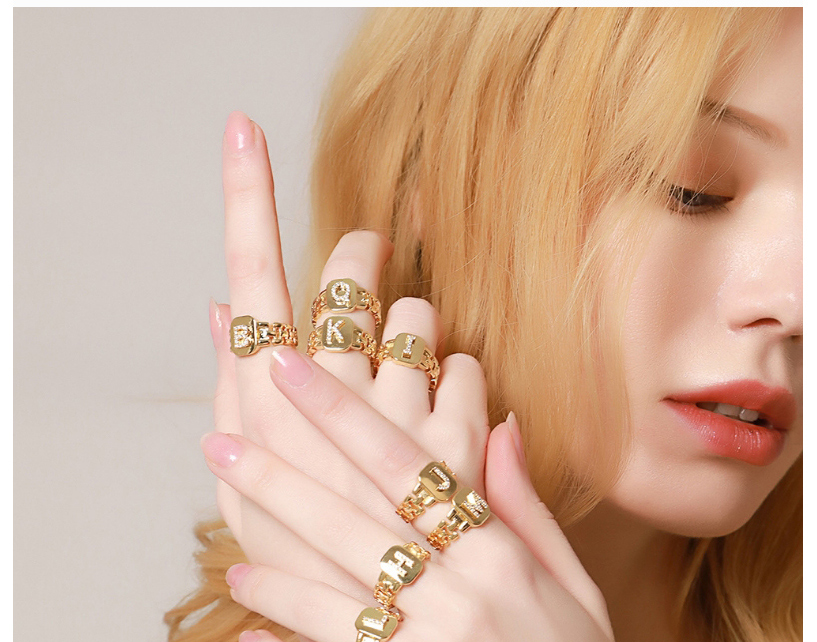 Fashion Z Real Gold Plated Zircon Strap Letter Open Ring,Rings