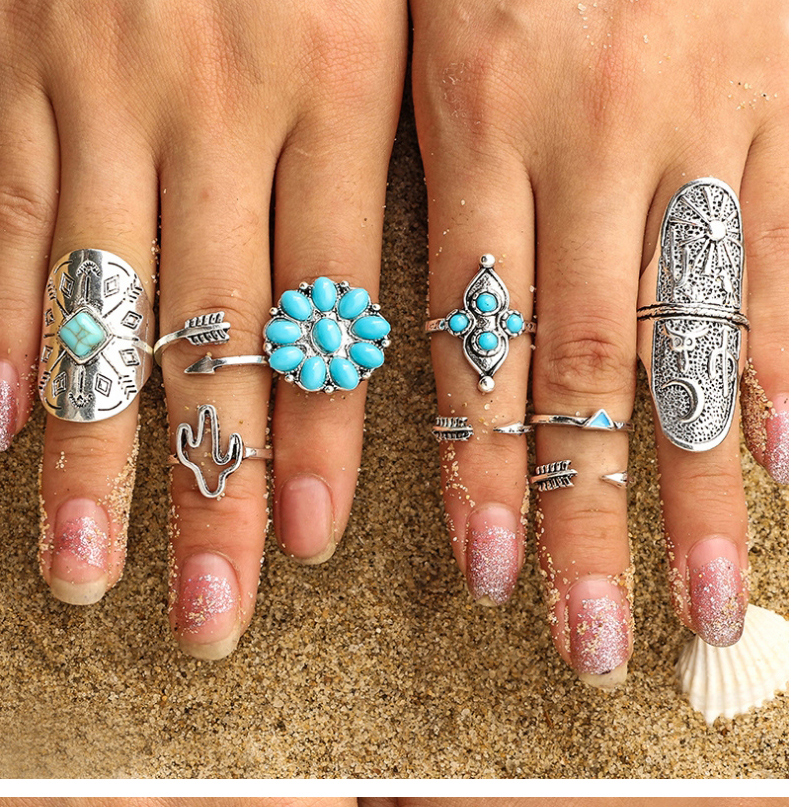 Fashion Silver Turquoise Flower Cactus Open 9-piece Ring,Fashion Rings