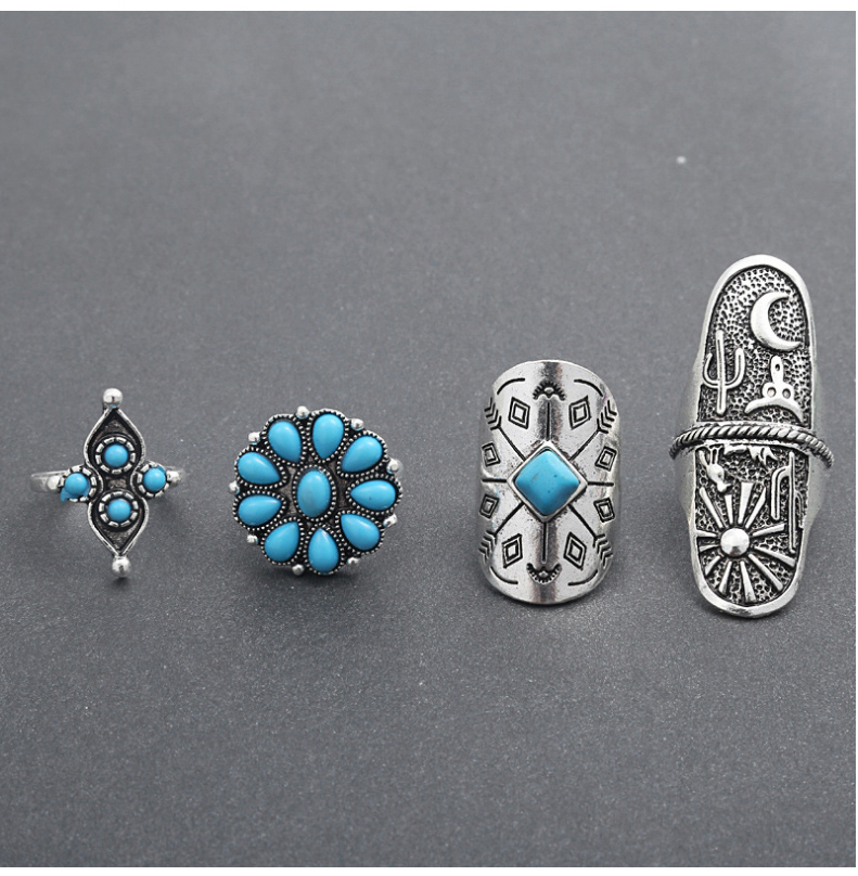 Fashion Silver Turquoise Flower Cactus Open 9-piece Ring,Fashion Rings