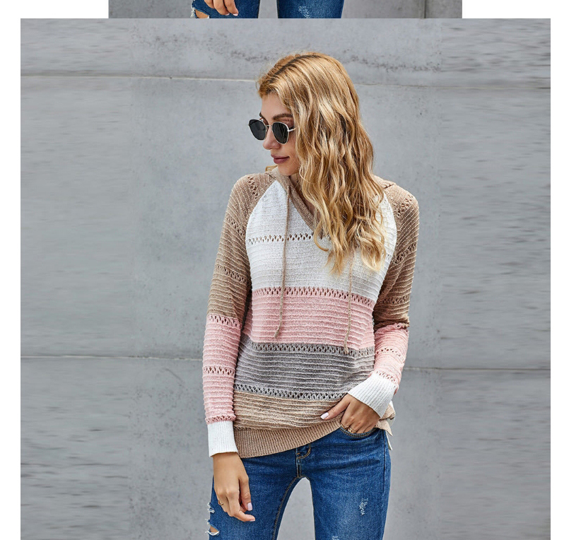 Fashion Khaki Contrast Knit Hooded Sweater,Sweater
