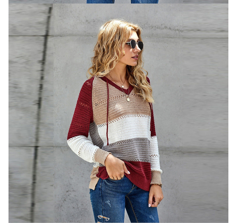 Fashion Khaki Contrast Knit Hooded Sweater,Sweater