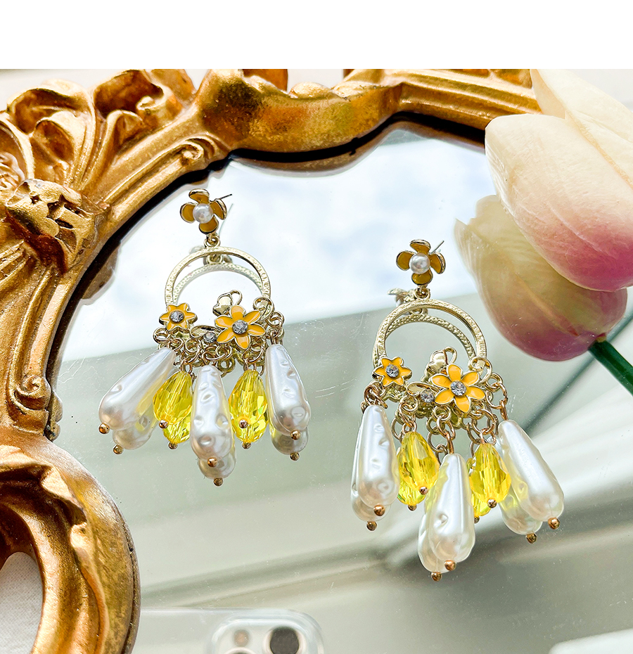 Fashion Yellow Alloy Flower Pearl Tassel Stud Earrings,Stud Earrings