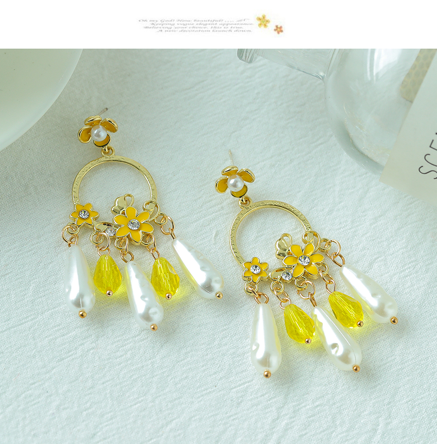 Fashion Yellow Alloy Flower Pearl Tassel Stud Earrings,Stud Earrings