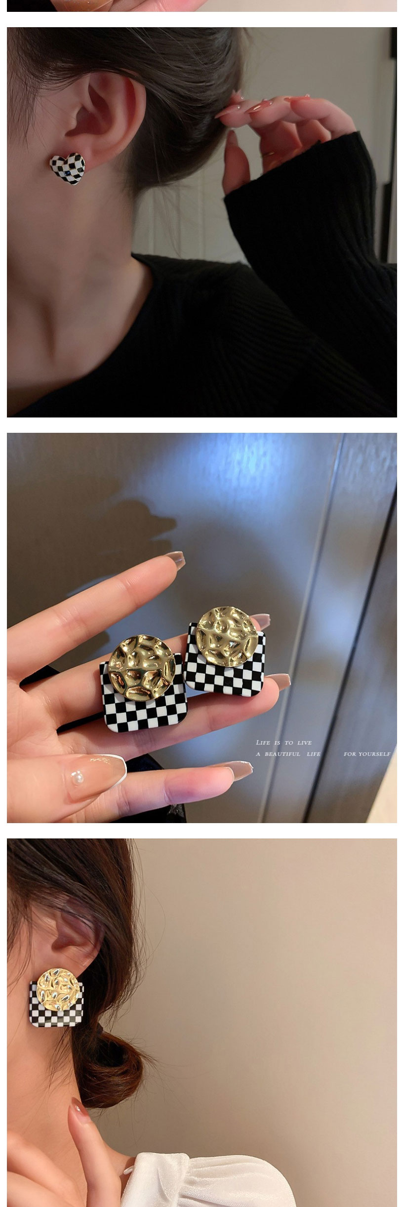 Fashion 6# Checkerboard Love Geometric Square Earrings,Clip & Cuff Earrings