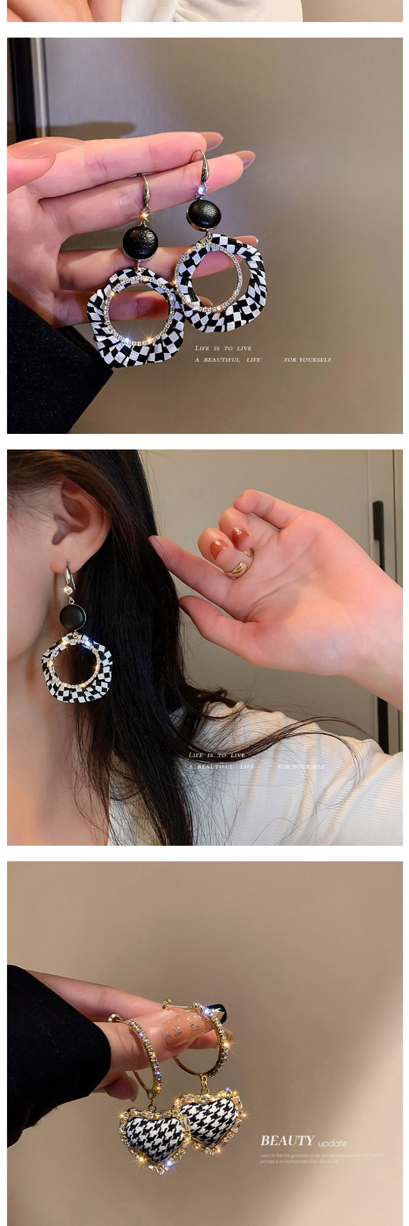 Fashion 6# Checkerboard Love Geometric Square Earrings,Clip & Cuff Earrings