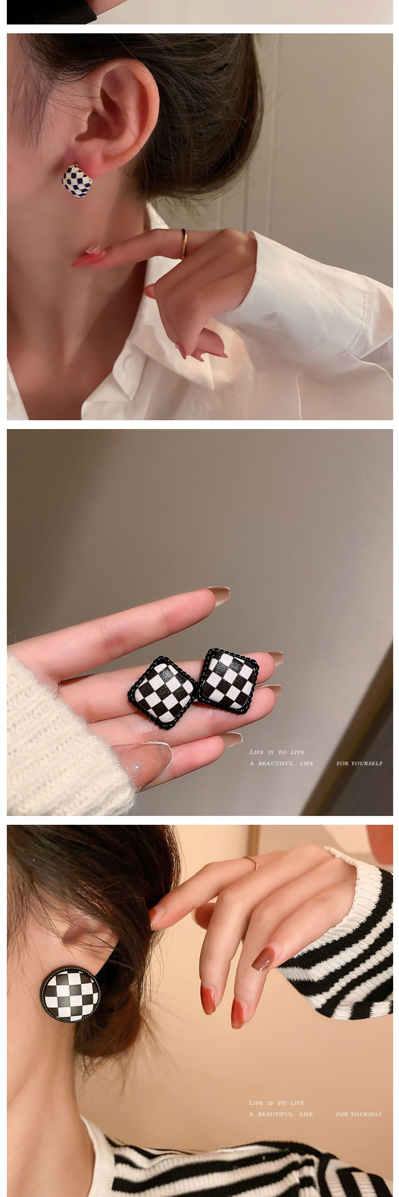Fashion 35# Checkerboard Love Heart Drop Earrings,Drop Earrings