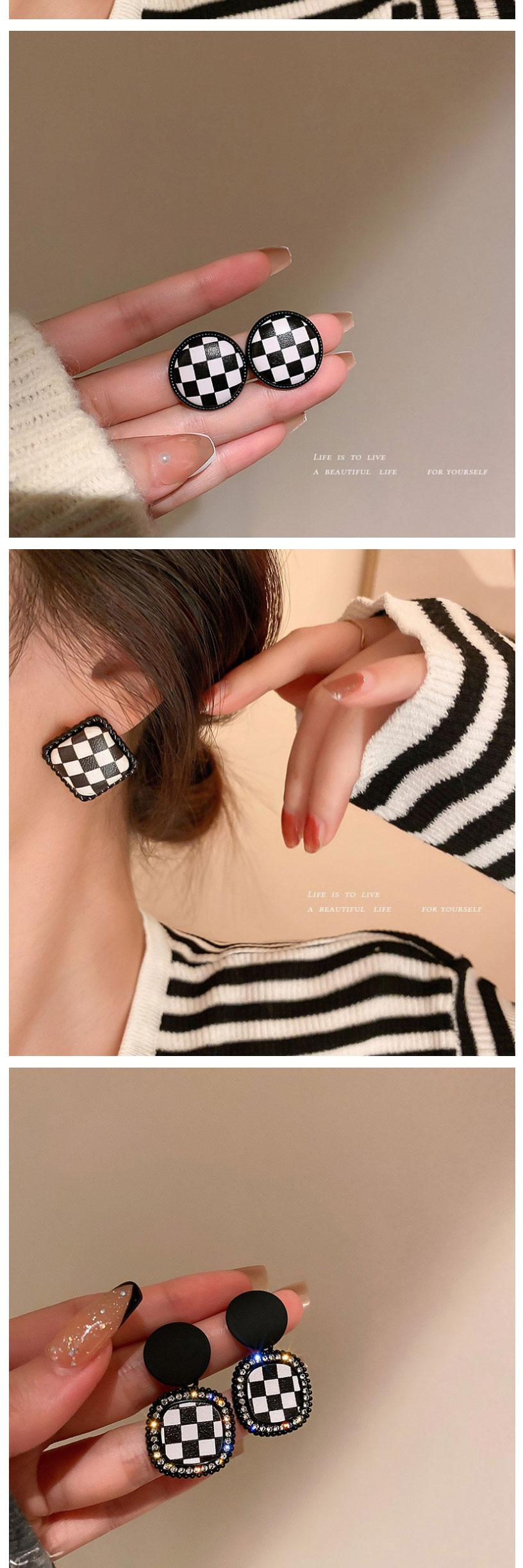 Fashion 3# Checkerboard Love Geometric Square Earrings,Stud Earrings