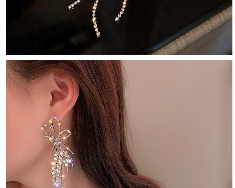 Fashion Silver Color Diamond Love Wheat Ears Bowknot Tassel Stud Earrings,Drop Earrings