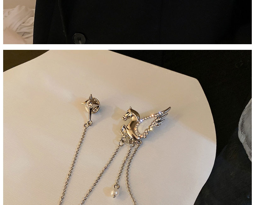 Fashion Silver Color Diamond Pegasus Four-pointed Star Tassel Brooch,Drop Earrings