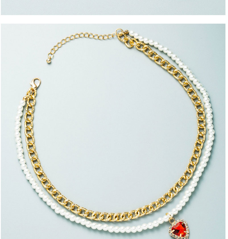 Fashion Red Alloy Inlaid Love Heart Zirconium Thick Chain Pearl Double Necklace,Multi Strand Necklaces