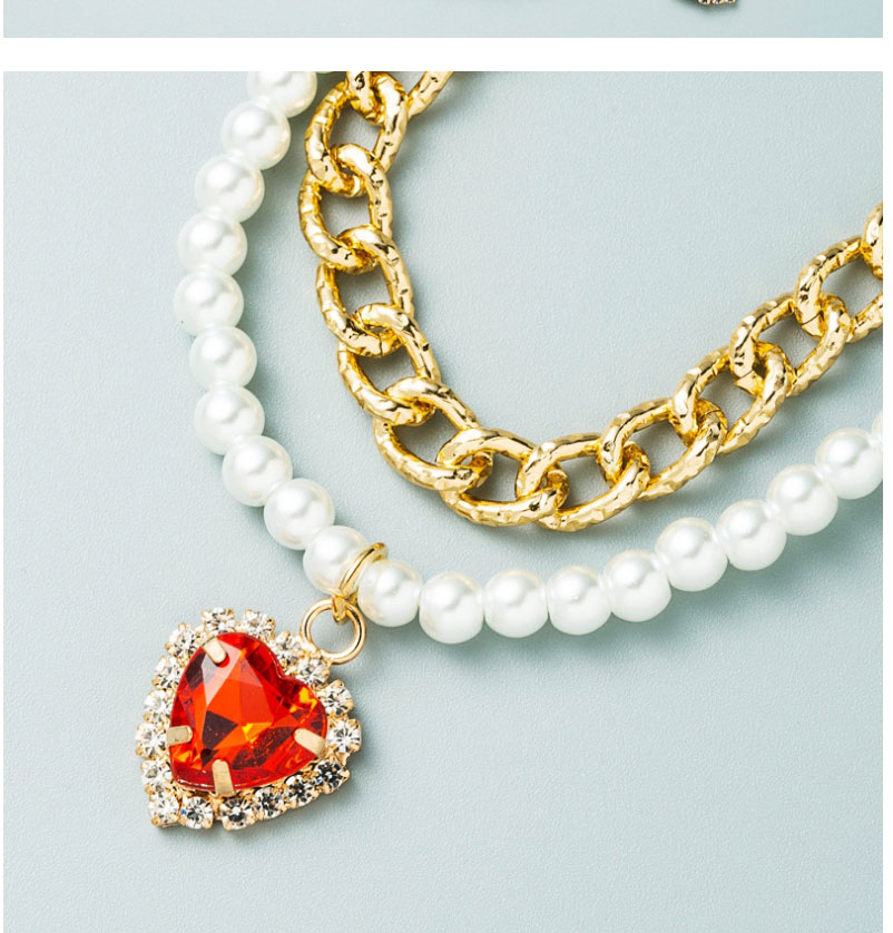 Fashion Red Alloy Inlaid Love Heart Zirconium Thick Chain Pearl Double Necklace,Multi Strand Necklaces