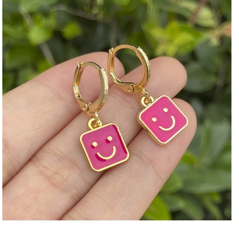 Fashion Pink Alloy Dripping Square Smiley Earrings,Hoop Earrings